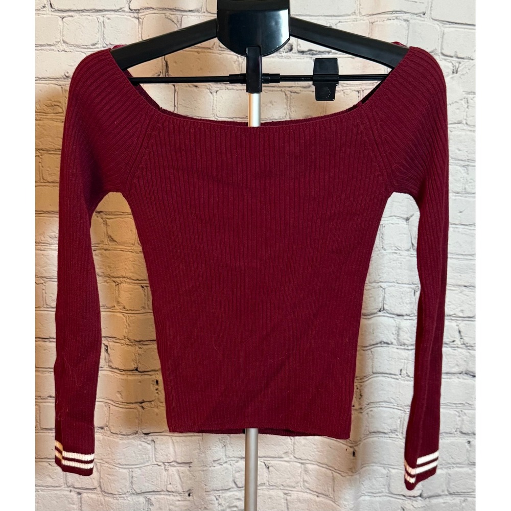 Hollister Burgundy Off The Shoulder Ribbed Knit Top White Varsity Stripe Medium - Picture 2 of 4